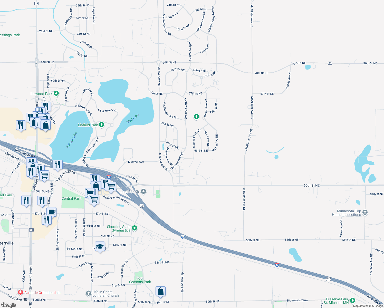 map of restaurants, bars, coffee shops, grocery stores, and more near 6271 Marshall Avenue Northeast in Otsego