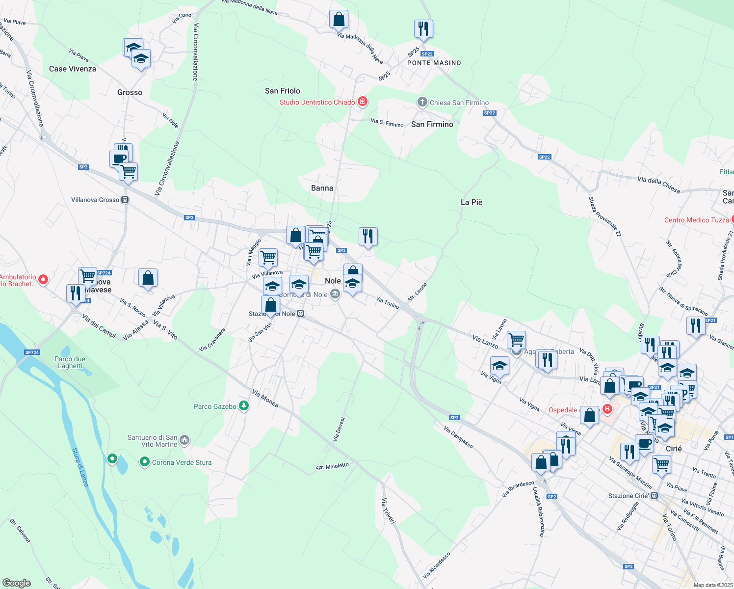 map of restaurants, bars, coffee shops, grocery stores, and more near 11 Via Circonvallazione in Nole