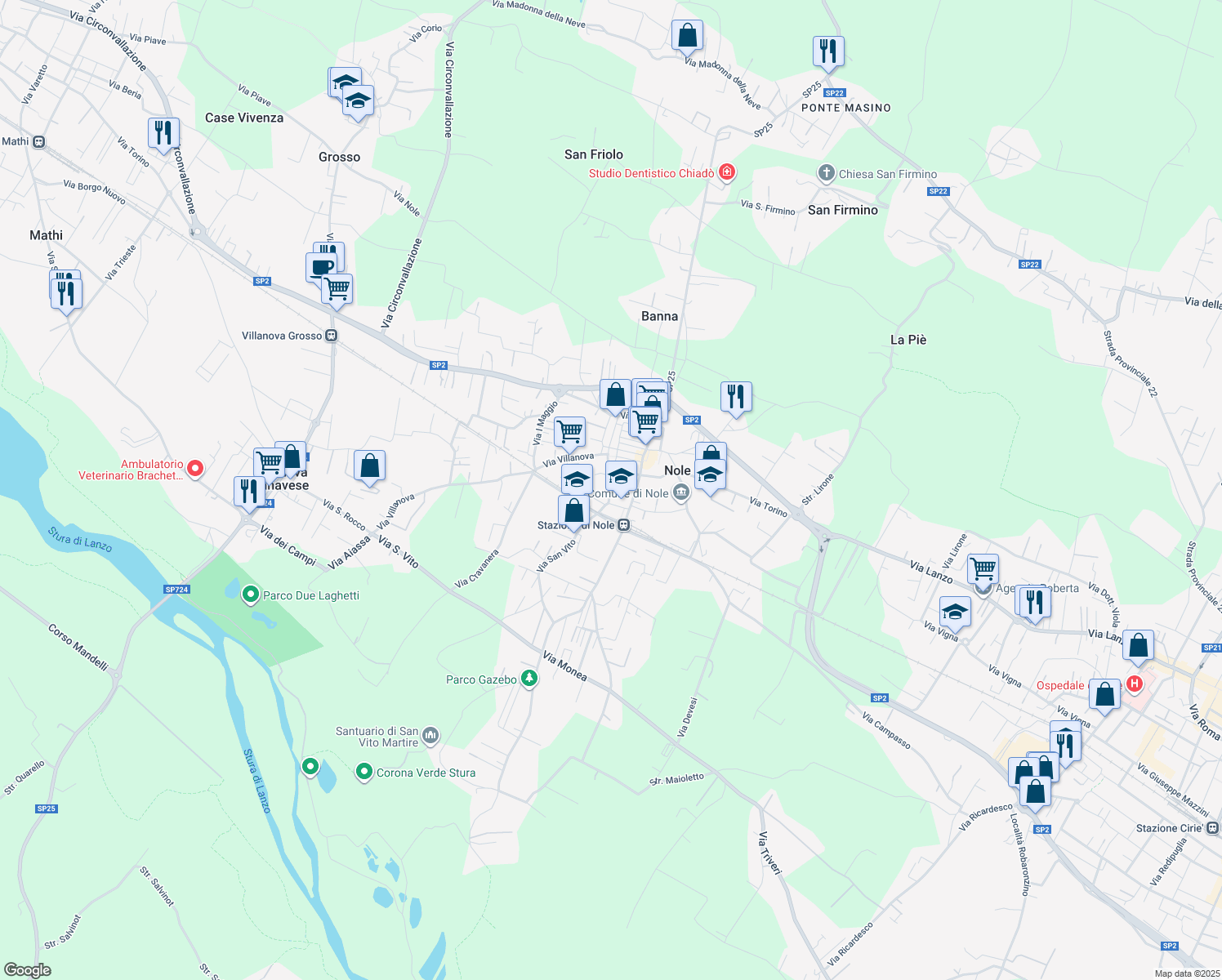 map of restaurants, bars, coffee shops, grocery stores, and more near 40 Via San Vito in Nole