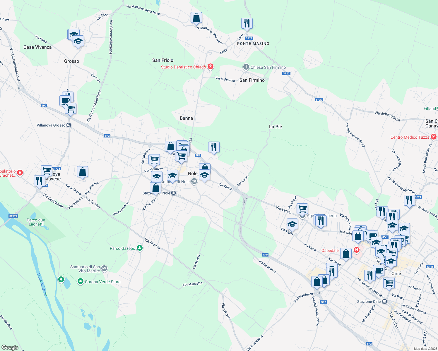map of restaurants, bars, coffee shops, grocery stores, and more near 11 Via Circonvallazione in Nole
