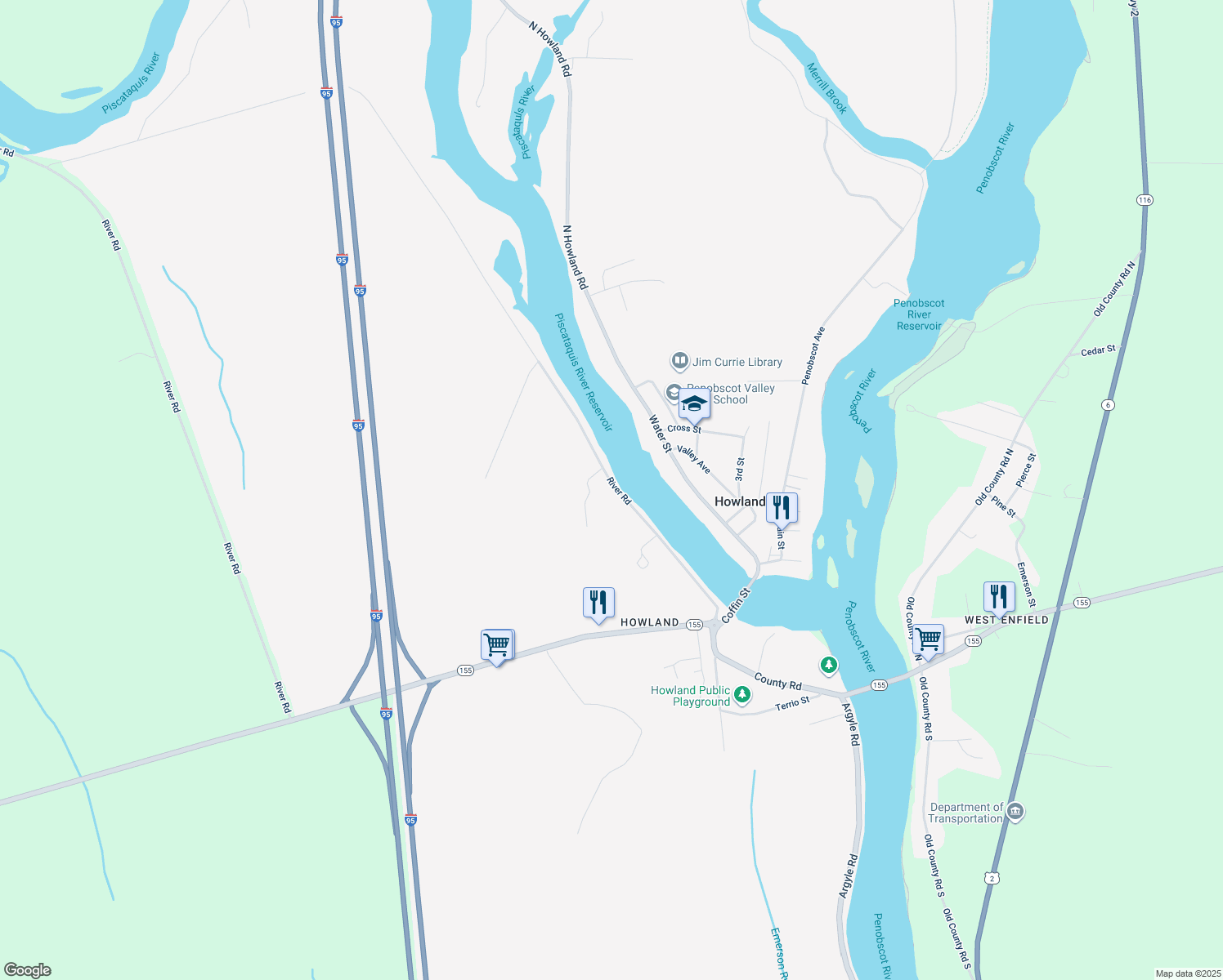 map of restaurants, bars, coffee shops, grocery stores, and more near 52 River Road in Howland