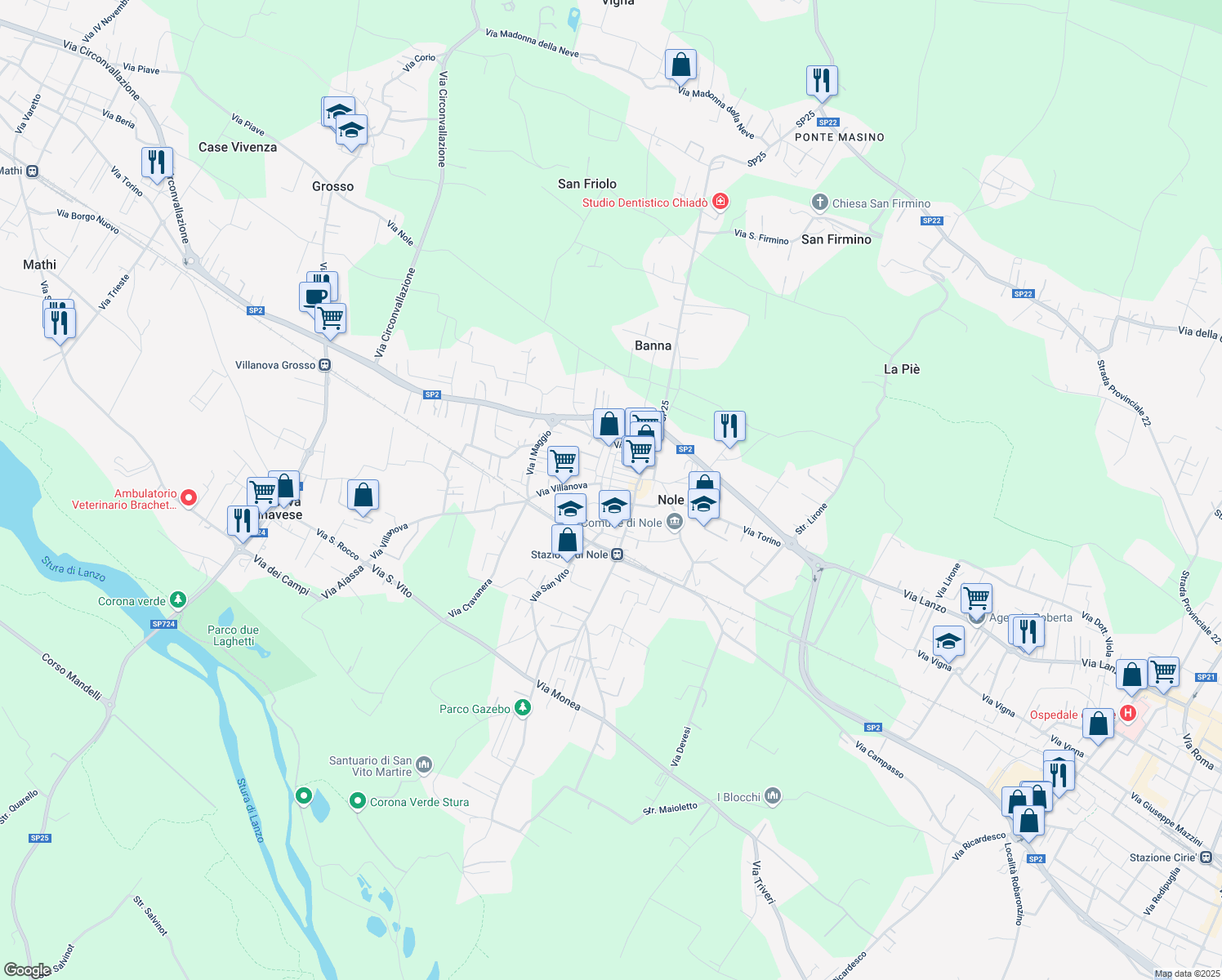 map of restaurants, bars, coffee shops, grocery stores, and more near 11 Via Roma in Nole