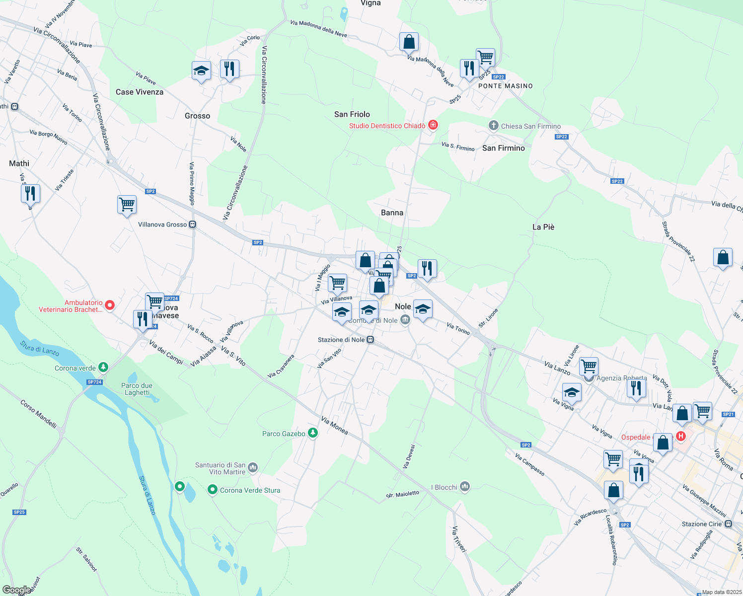map of restaurants, bars, coffee shops, grocery stores, and more near 11 Via Roma in Nole