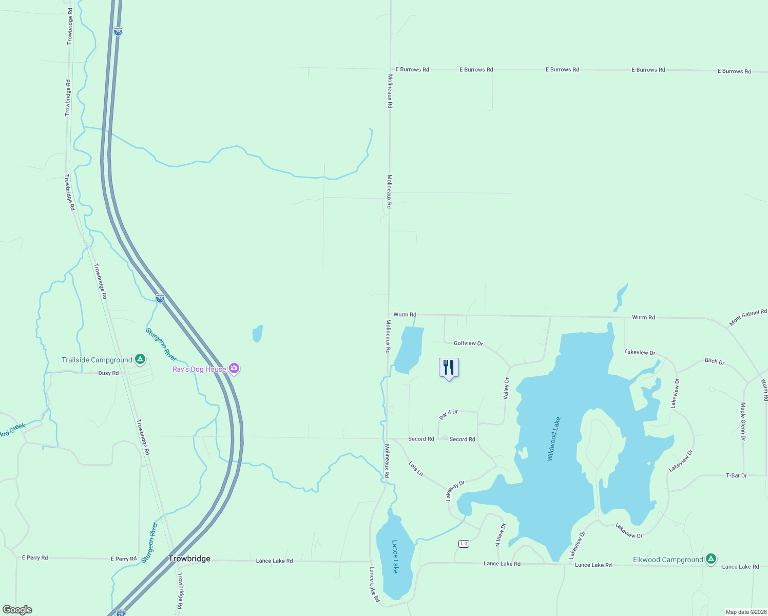 map of restaurants, bars, coffee shops, grocery stores, and more near 14984 Molineaux Road in Wolverine