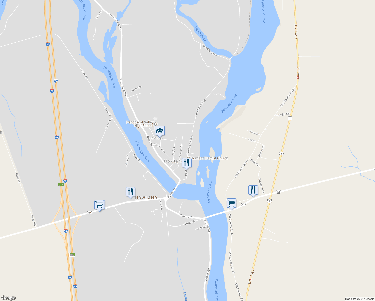 map of restaurants, bars, coffee shops, grocery stores, and more near 108 Penobscot Avenue in Howland