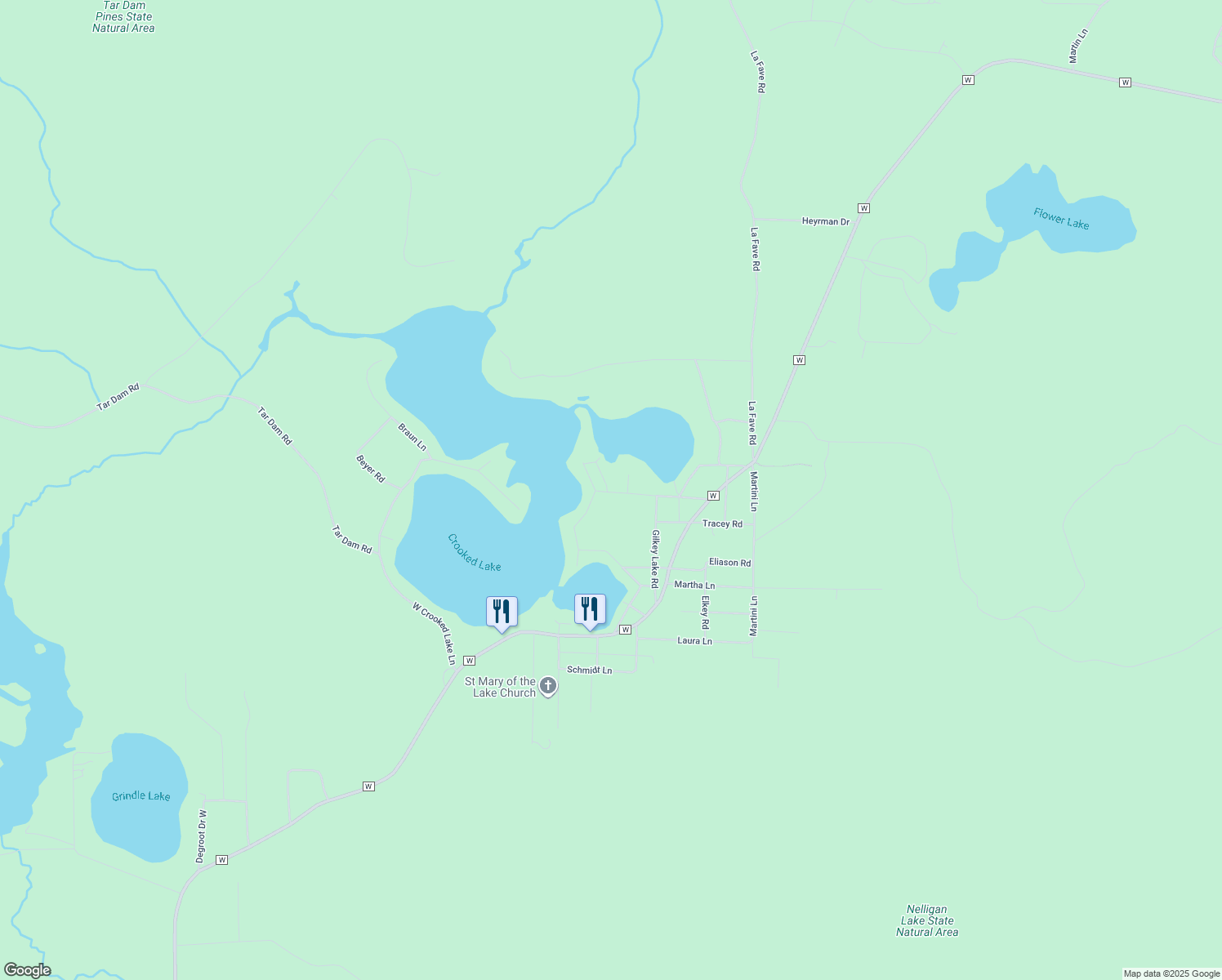 map of restaurants, bars, coffee shops, grocery stores, and more near 11854 Black Bass Ln in Crivitz