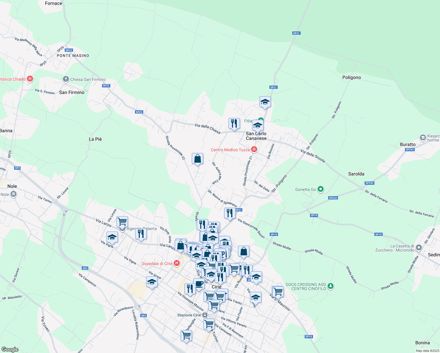 map of restaurants, bars, coffee shops, grocery stores, and more near 24 Strada Antica per Ciriè in San Carlo Canavese
