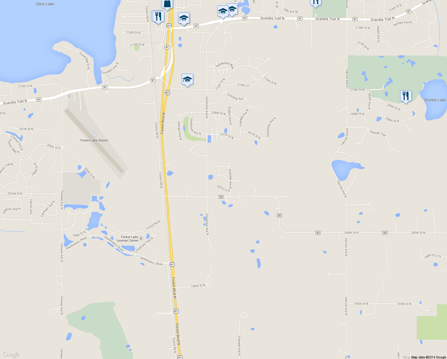 map of restaurants, bars, coffee shops, grocery stores, and more near 20420 Goodvine Trail North in Forest Lake