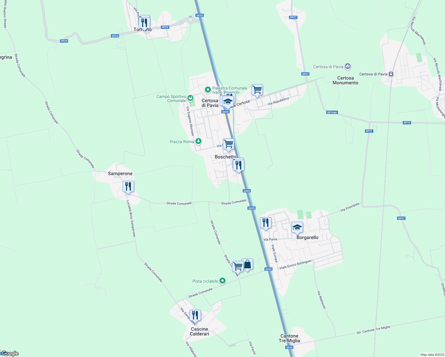 map of restaurants, bars, coffee shops, grocery stores, and more near 4 Via Emilio Gino Segre' in Provincia di Pavia
