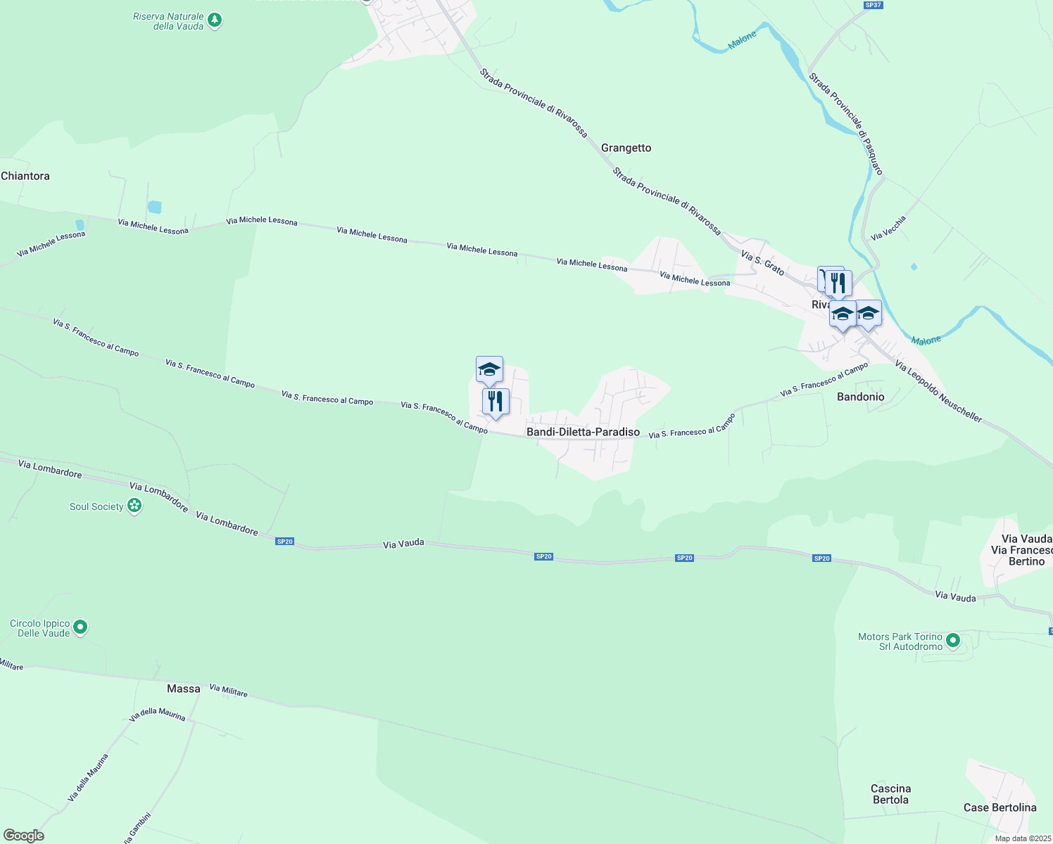 map of restaurants, bars, coffee shops, grocery stores, and more near 36 Via Generale Carlo Alberto dalla Chiesa in Bandi-Diletta-Paradiso
