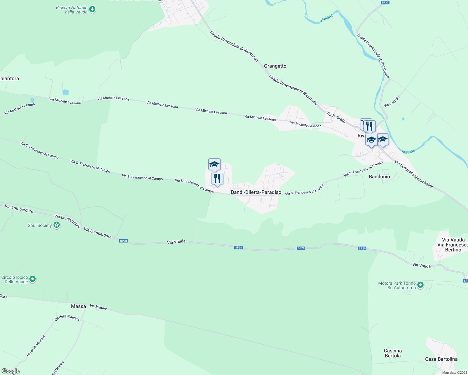 map of restaurants, bars, coffee shops, grocery stores, and more near 36 Via Generale Carlo Alberto dalla Chiesa in Bandi-Diletta-Paradiso