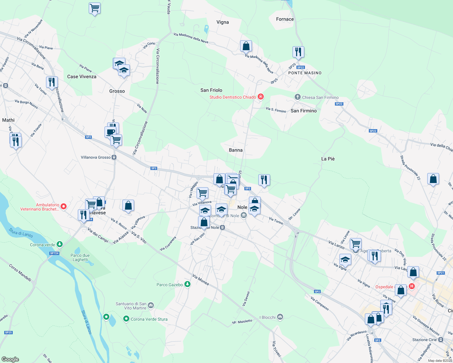 map of restaurants, bars, coffee shops, grocery stores, and more near 3 Via Banna in Nole
