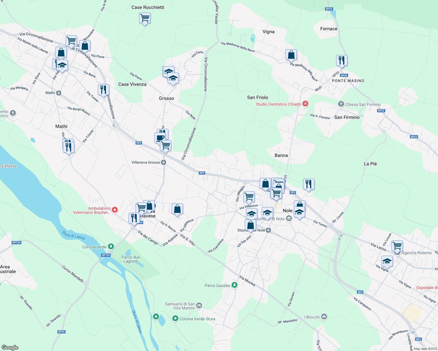 map of restaurants, bars, coffee shops, grocery stores, and more near 180 Via Torino in Nole