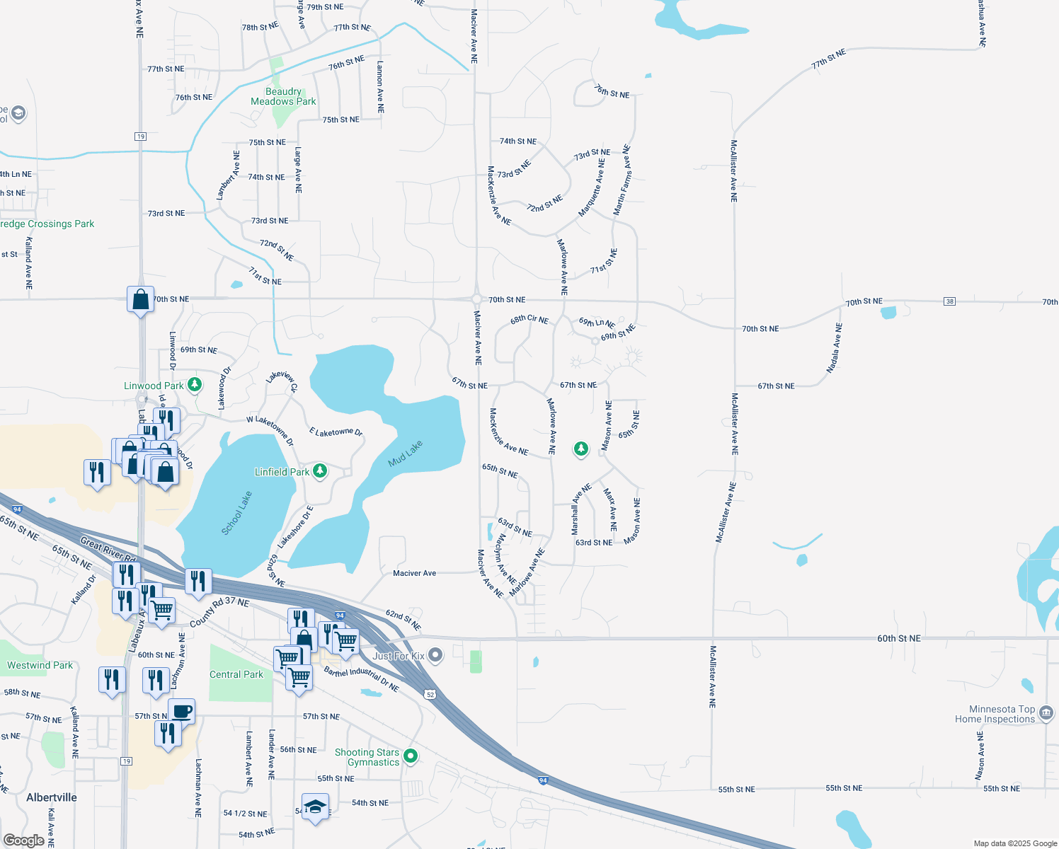 map of restaurants, bars, coffee shops, grocery stores, and more near 12150 66th Court Northeast in Otsego