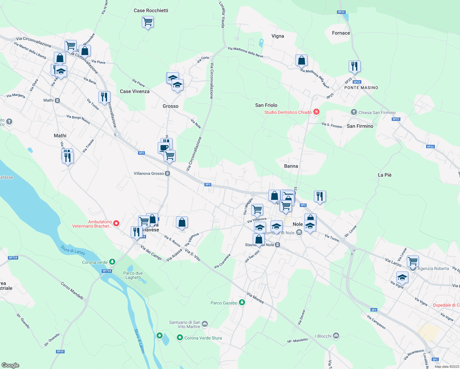 map of restaurants, bars, coffee shops, grocery stores, and more near 180 Via Torino in Nole