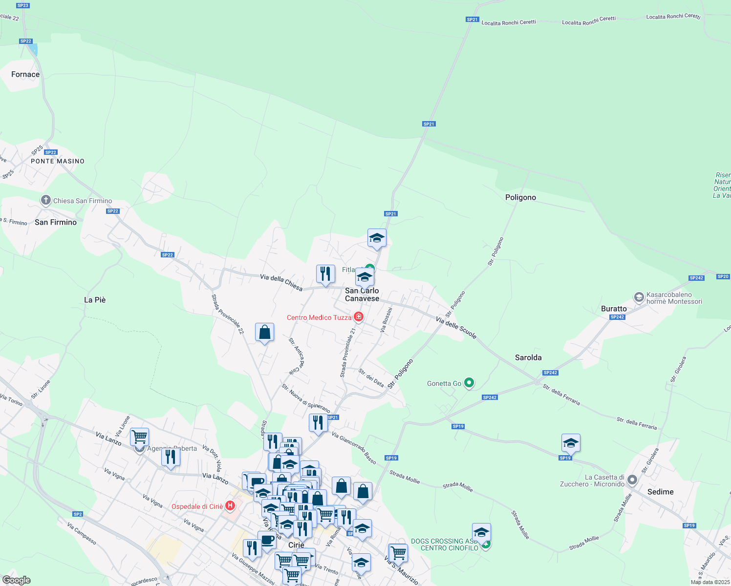map of restaurants, bars, coffee shops, grocery stores, and more near 7 SP21 in San Carlo Canavese