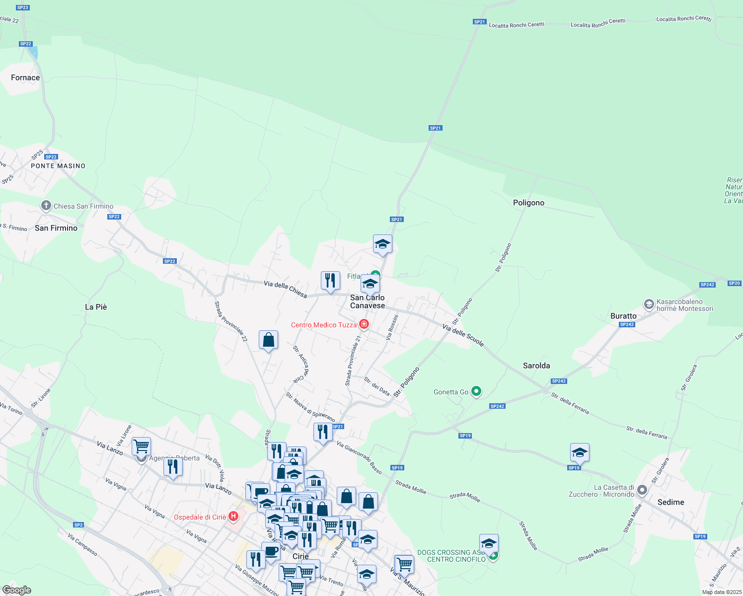 map of restaurants, bars, coffee shops, grocery stores, and more near 7 Strada Provinciale 21 in San Carlo Canavese