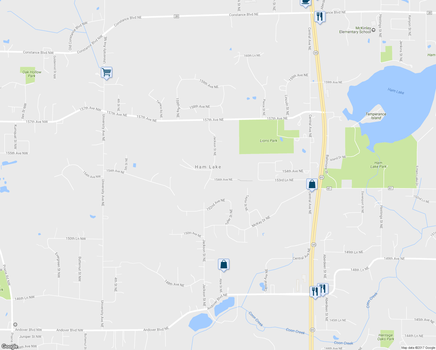 map of restaurants, bars, coffee shops, grocery stores, and more near 855 154th Avenue Northeast in Ham Lake