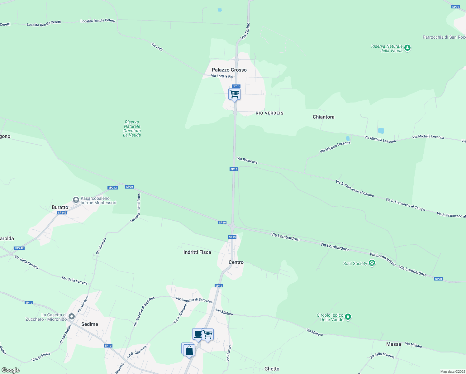 map of restaurants, bars, coffee shops, grocery stores, and more near 95 Via Torino in Città Metropolitana di Torino