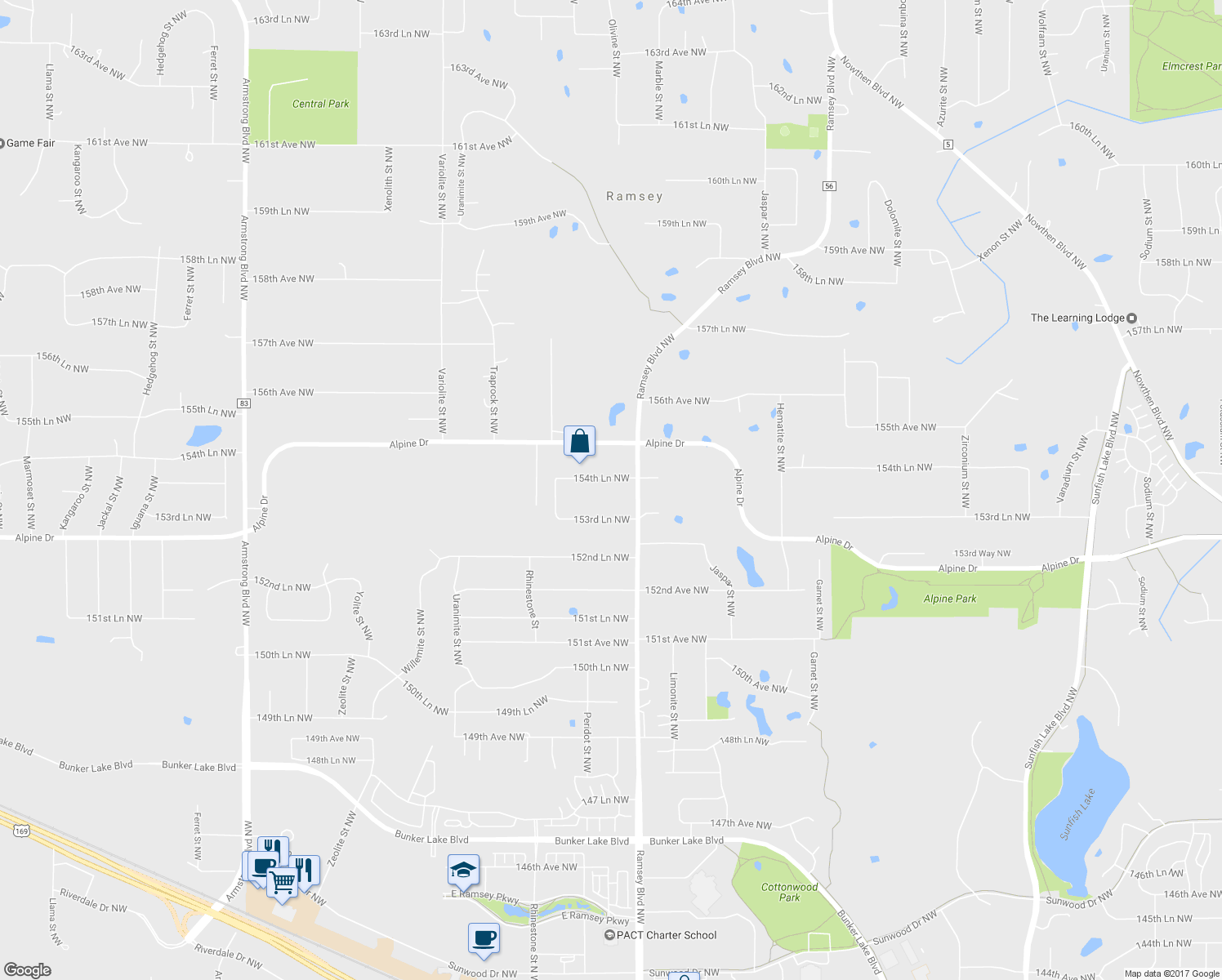 map of restaurants, bars, coffee shops, grocery stores, and more near 7260 154th Lane Northwest in Ramsey