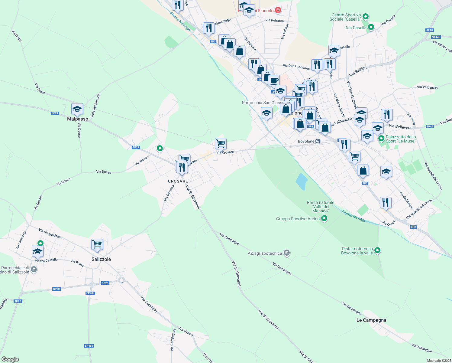 map of restaurants, bars, coffee shops, grocery stores, and more near 45 Via Prato Pelagal in Provincia di Verona