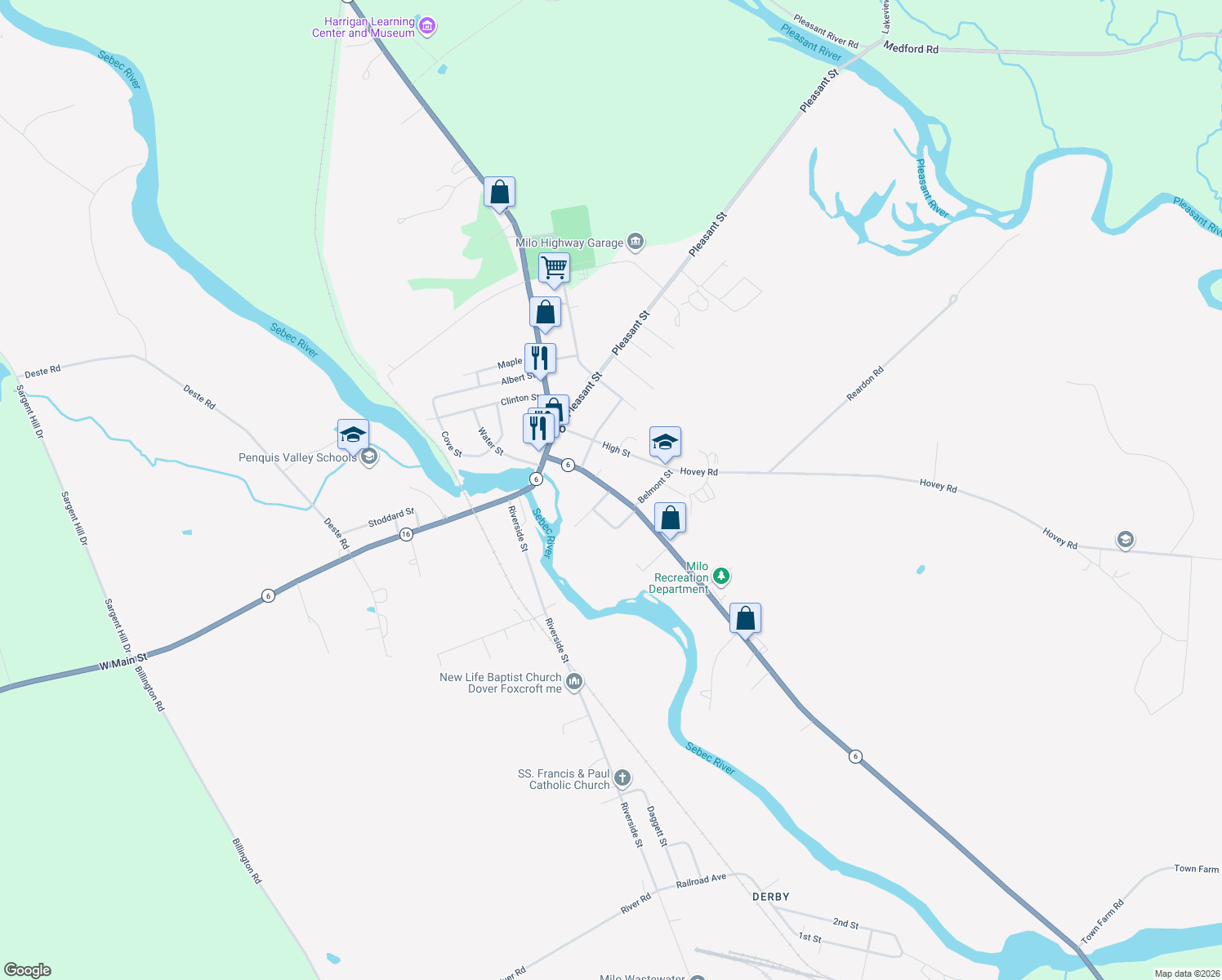 map of restaurants, bars, coffee shops, grocery stores, and more near 26 Elm Street in Milo