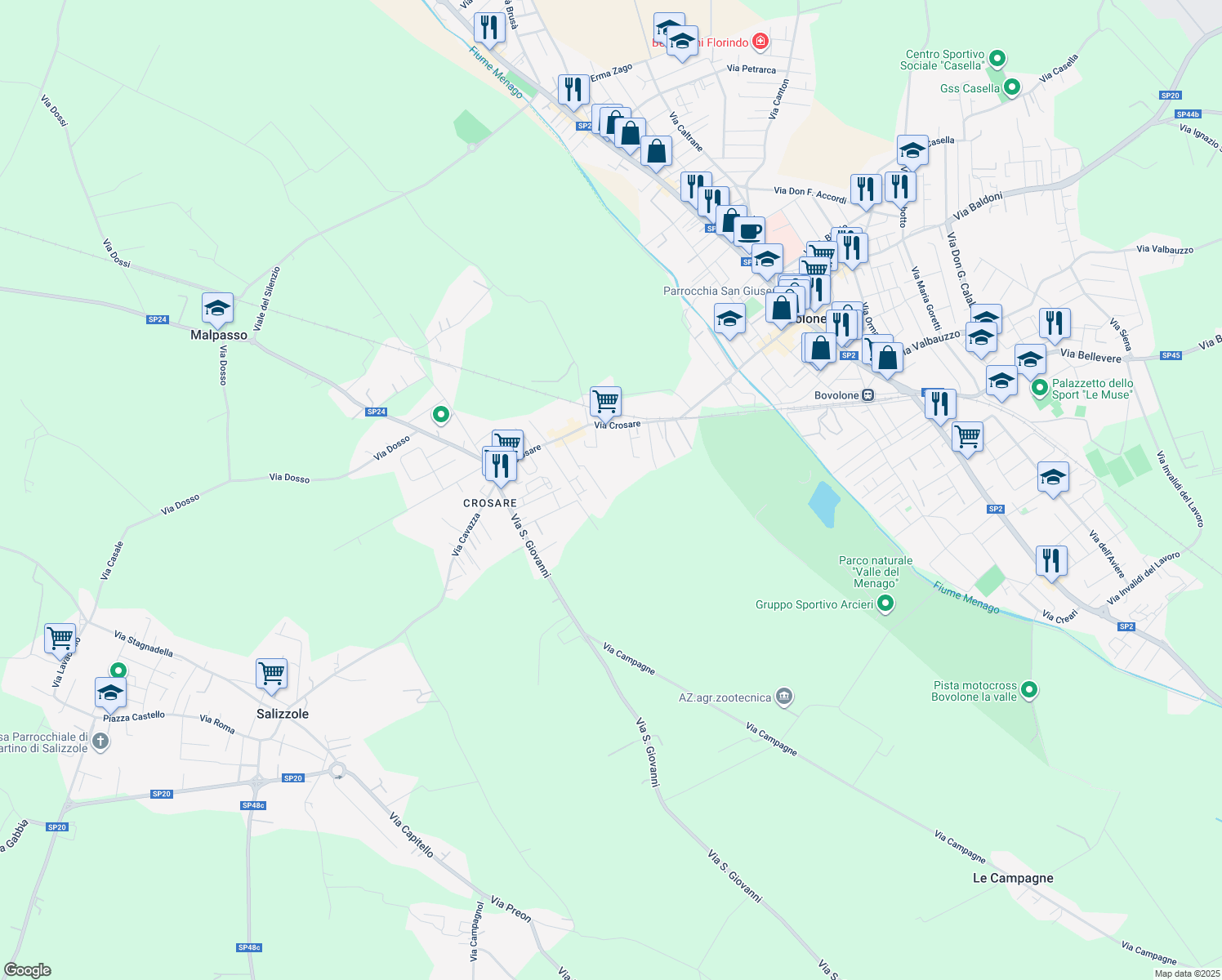 map of restaurants, bars, coffee shops, grocery stores, and more near 45 Via Prato Pelagal in Provincia di Verona