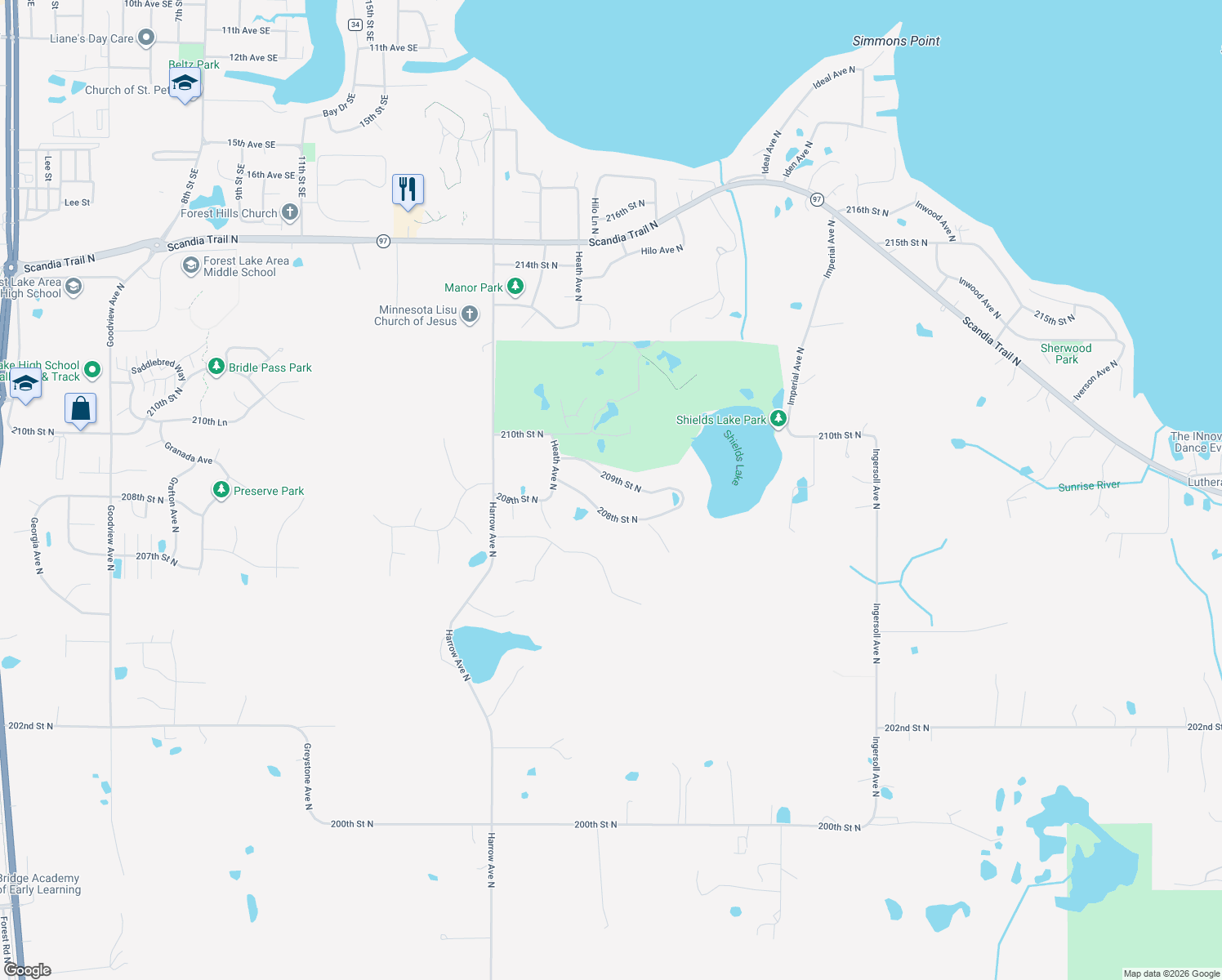 map of restaurants, bars, coffee shops, grocery stores, and more near 7651 209th St N in Forest Lake