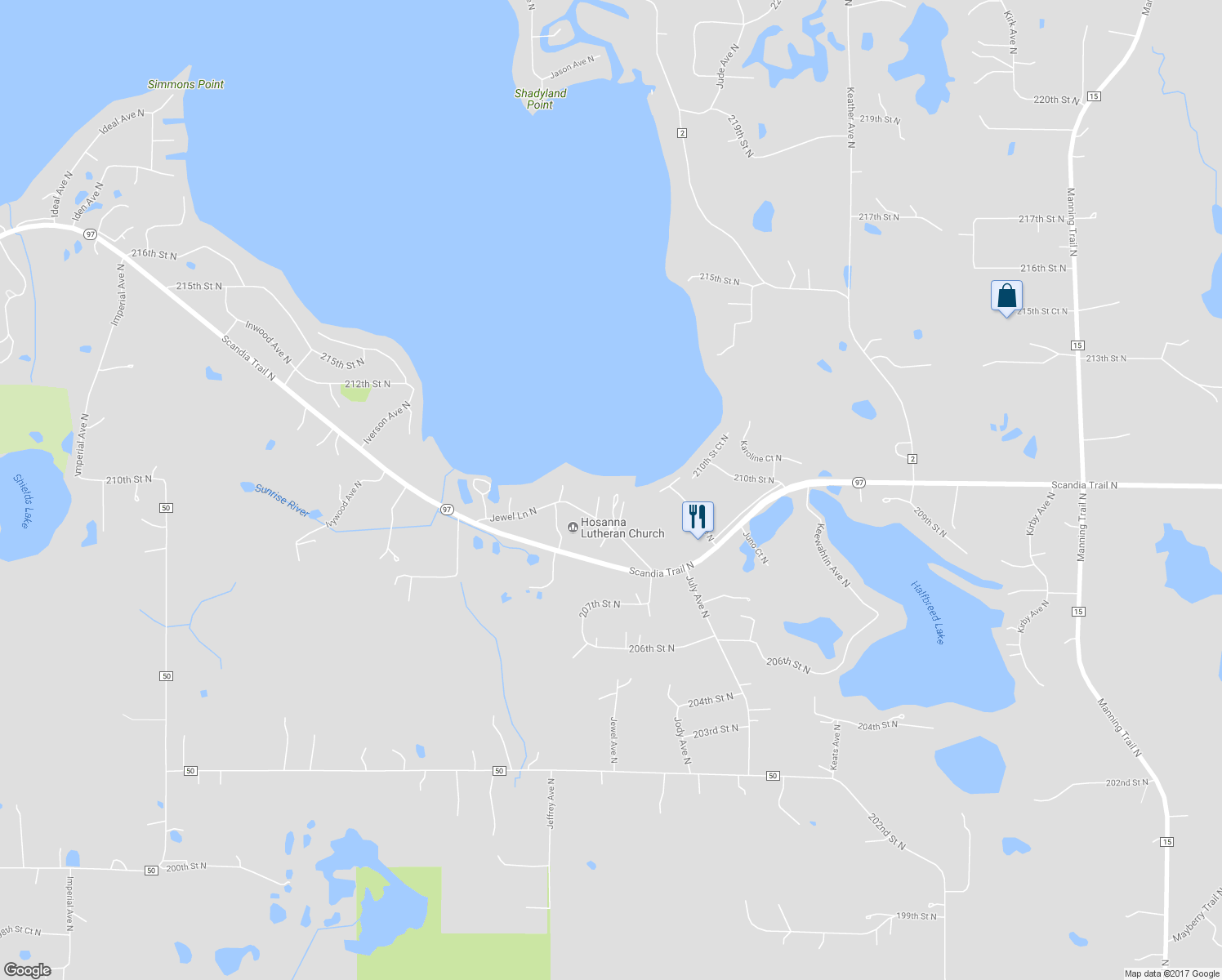 map of restaurants, bars, coffee shops, grocery stores, and more near 9432 Jewel Lane North in Forest Lake