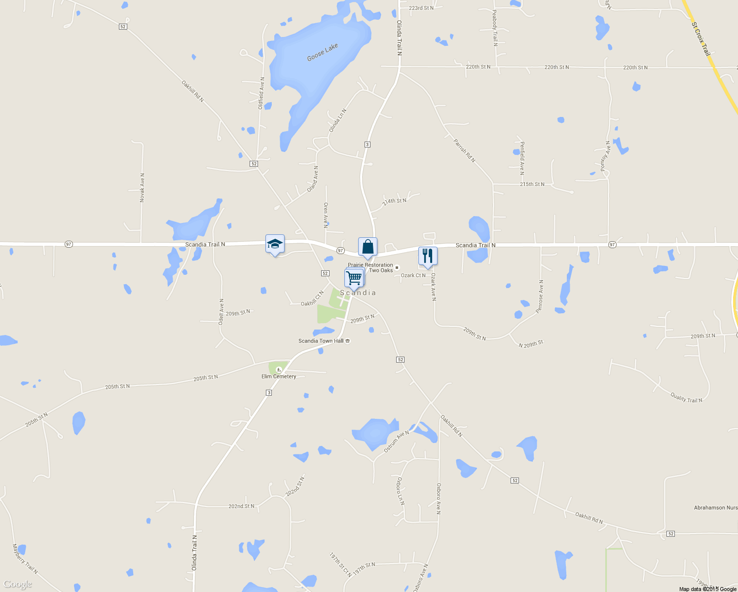 map of restaurants, bars, coffee shops, grocery stores, and more near 14768 Oakhill Road North in Scandia