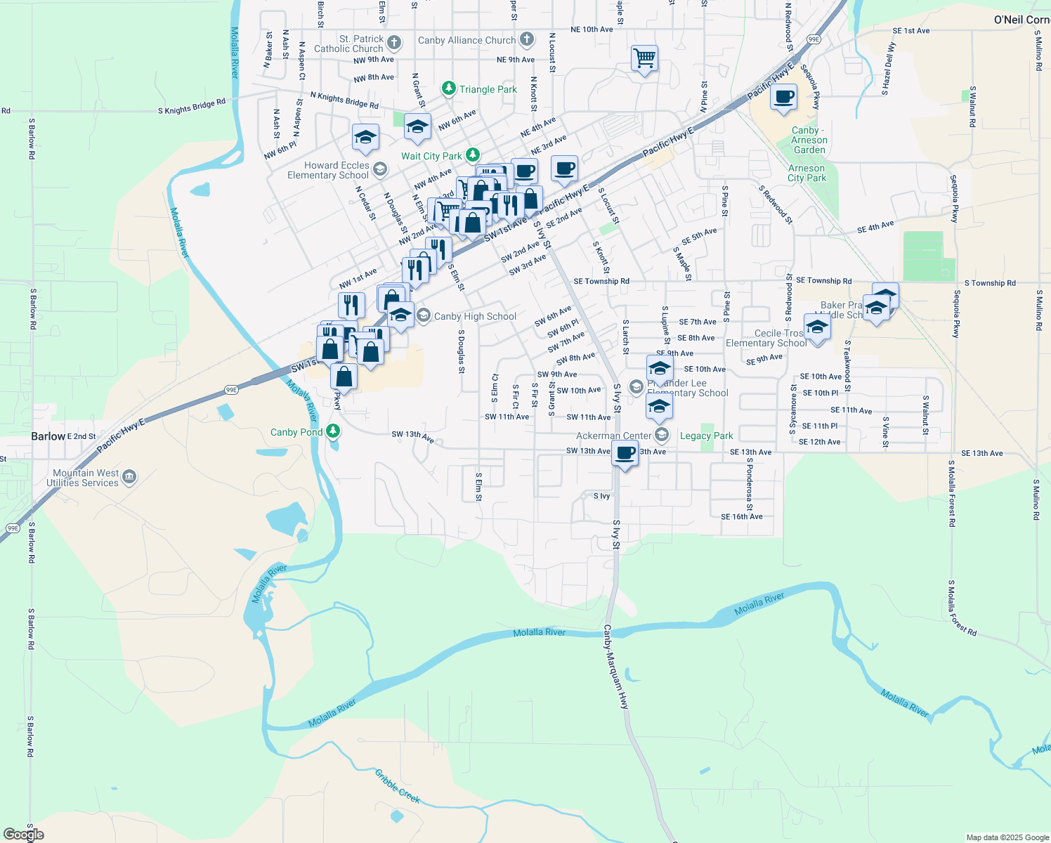 map of restaurants, bars, coffee shops, grocery stores, and more near 425 SW 11th Ave in Canby