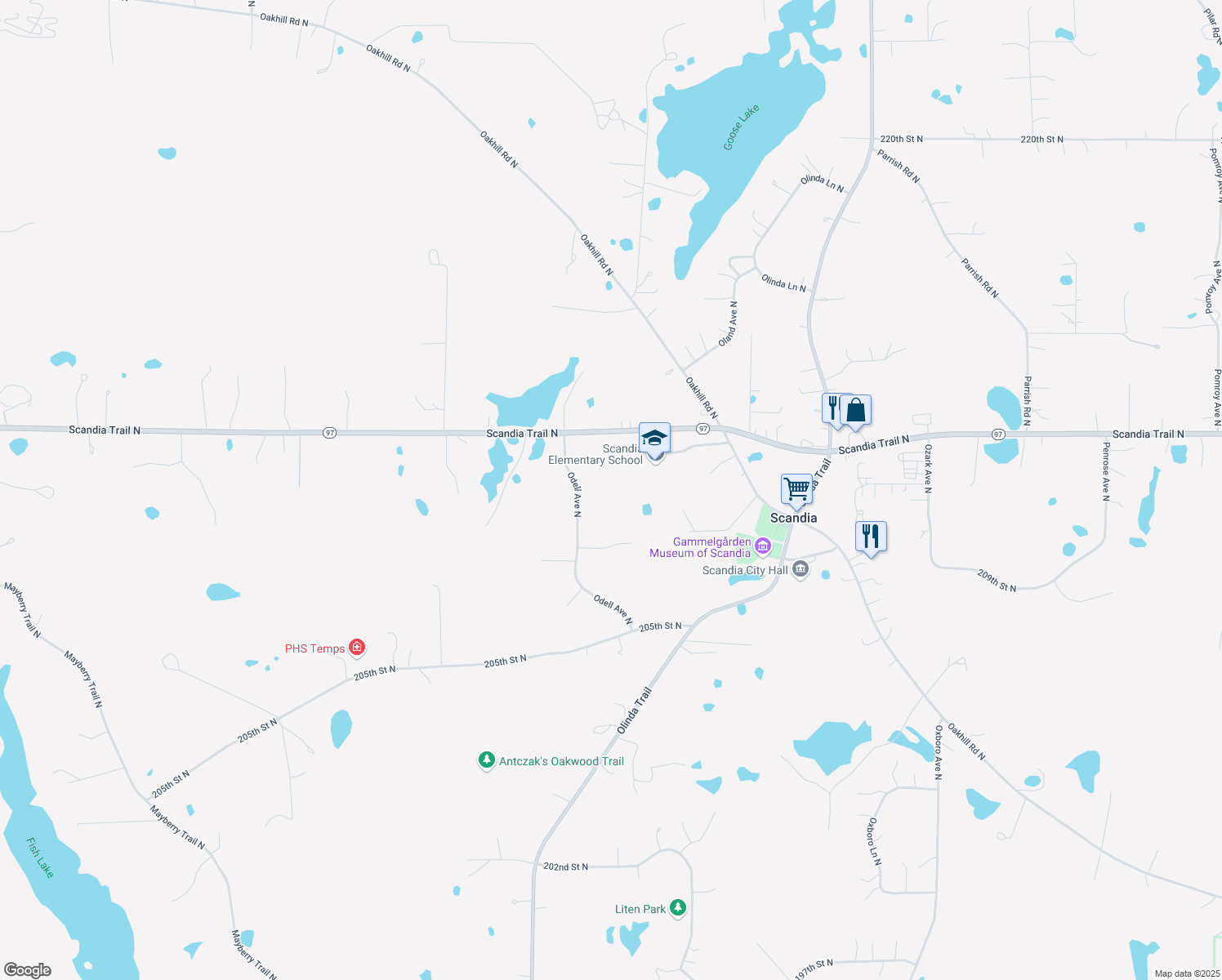 map of restaurants, bars, coffee shops, grocery stores, and more near 14351 Scandia Trail North in Scandia