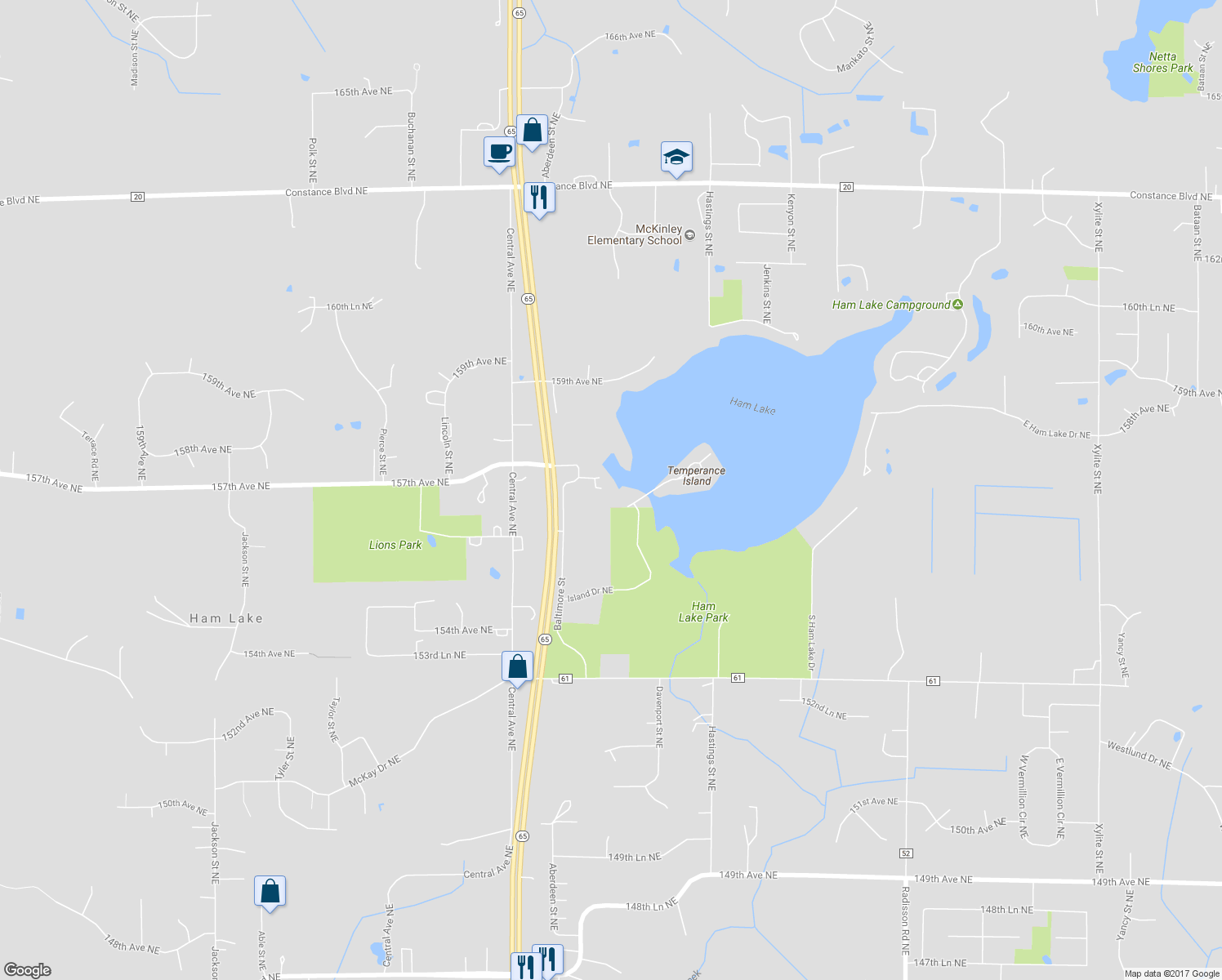 map of restaurants, bars, coffee shops, grocery stores, and more near 1560 157th Avenue Northeast in Ham Lake
