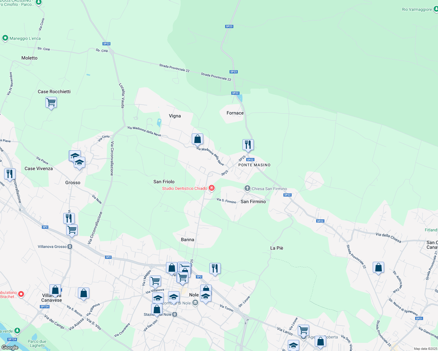 map of restaurants, bars, coffee shops, grocery stores, and more near 56 Via Rocca in Vauda