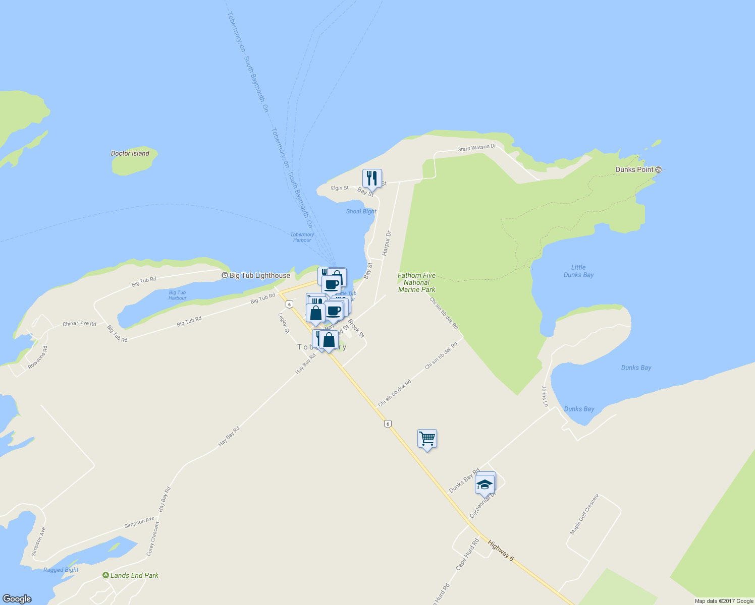 map of restaurants, bars, coffee shops, grocery stores, and more near 48 Head Street in Tobermory