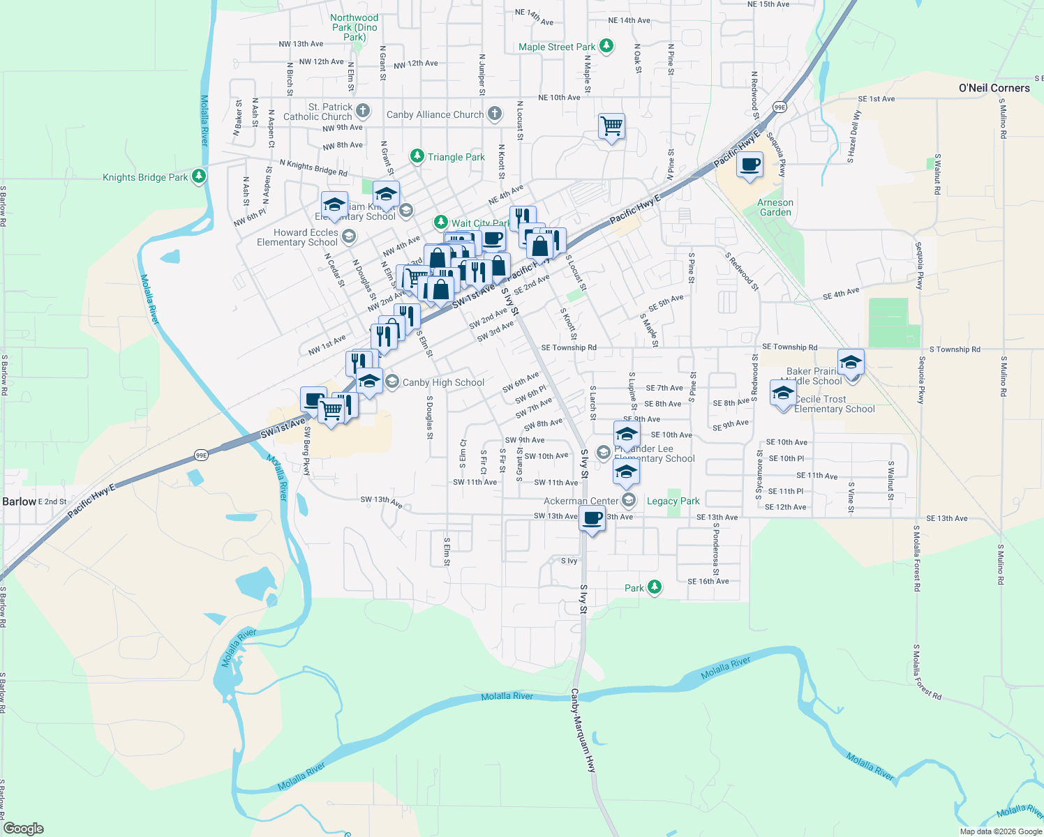 map of restaurants, bars, coffee shops, grocery stores, and more near 255 Southwest 7th Avenue in Canby