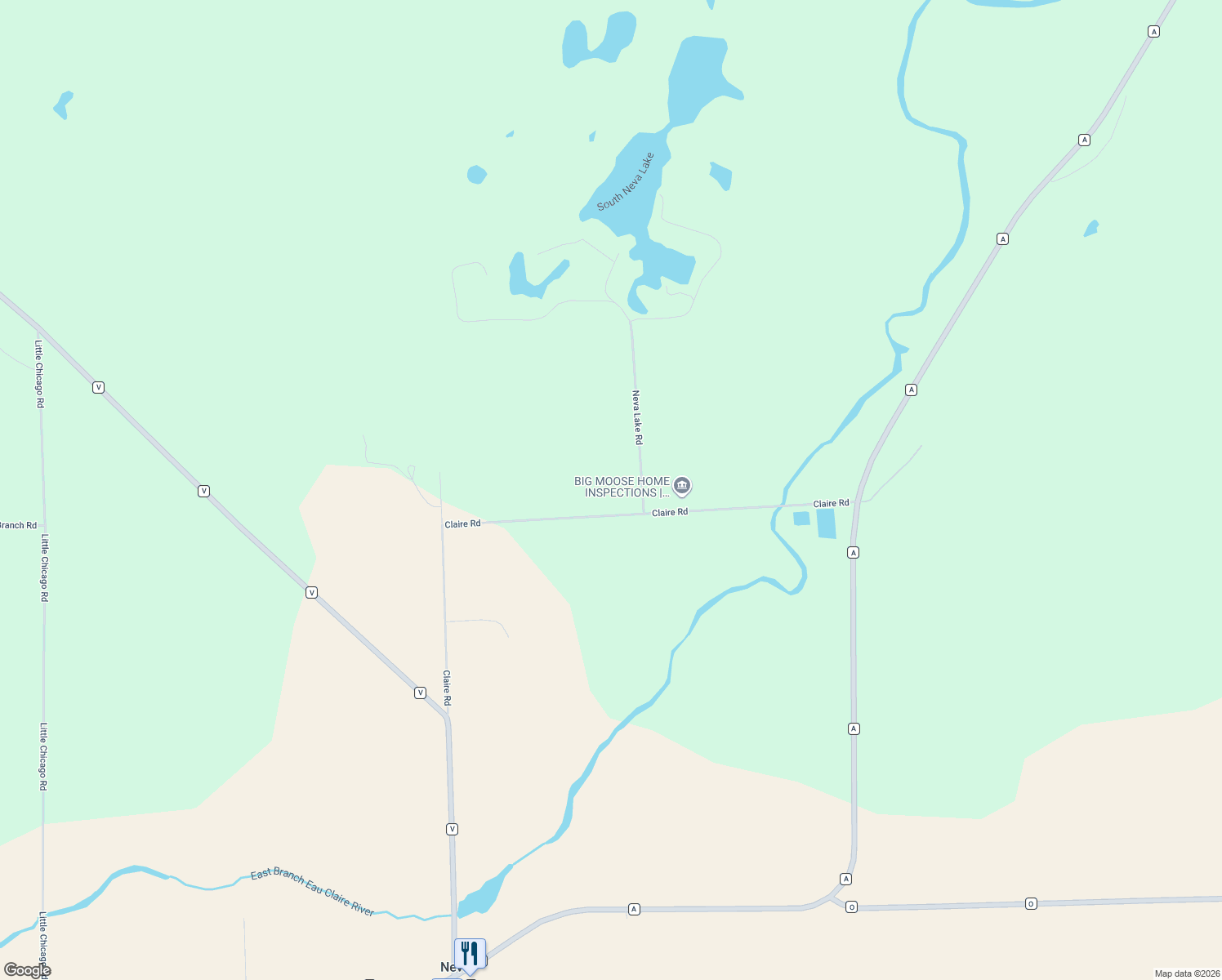 map of restaurants, bars, coffee shops, grocery stores, and more near W9120 Claire Road in Deerbrook