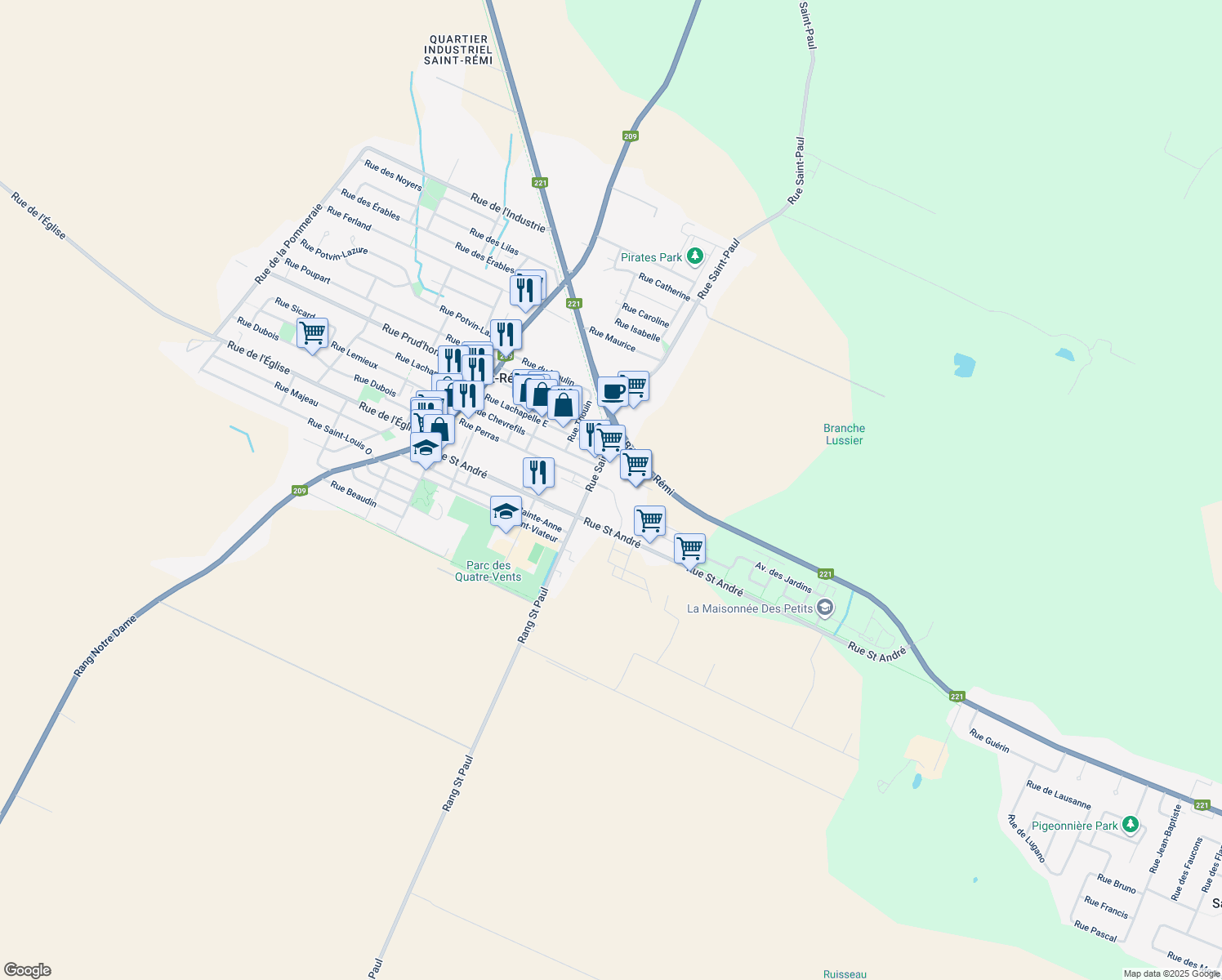 map of restaurants, bars, coffee shops, grocery stores, and more near 217 Rue Perras in Saint-Rémi