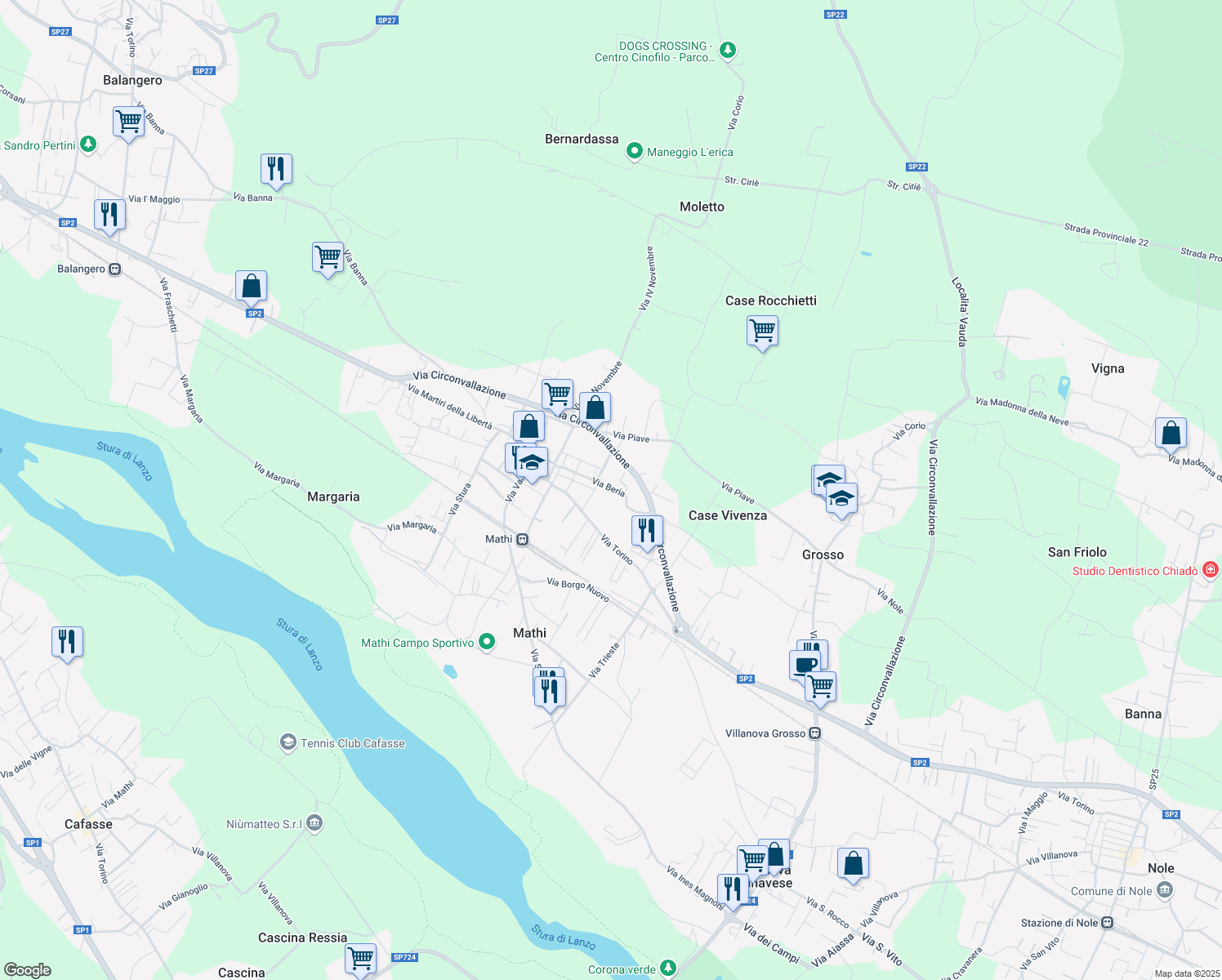map of restaurants, bars, coffee shops, grocery stores, and more near 5 Via Grosso in Mathi