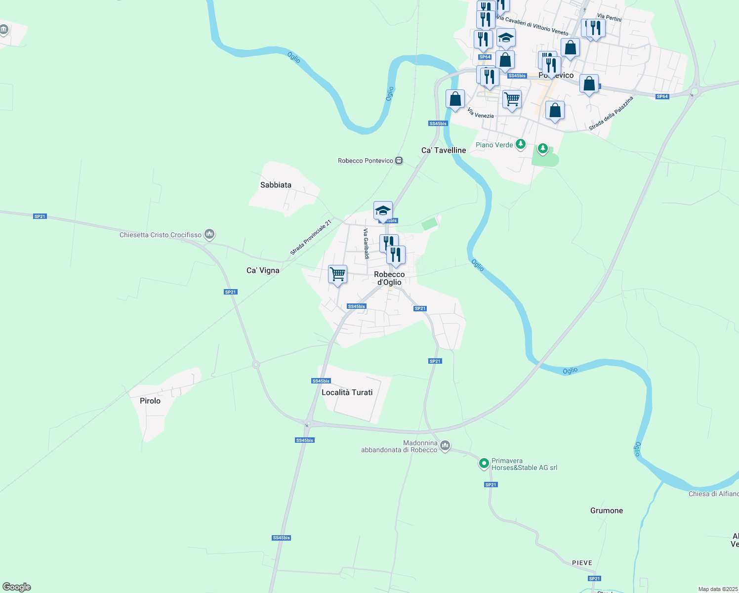map of restaurants, bars, coffee shops, grocery stores, and more near 31 Via Cavour in Robecco D'oglio