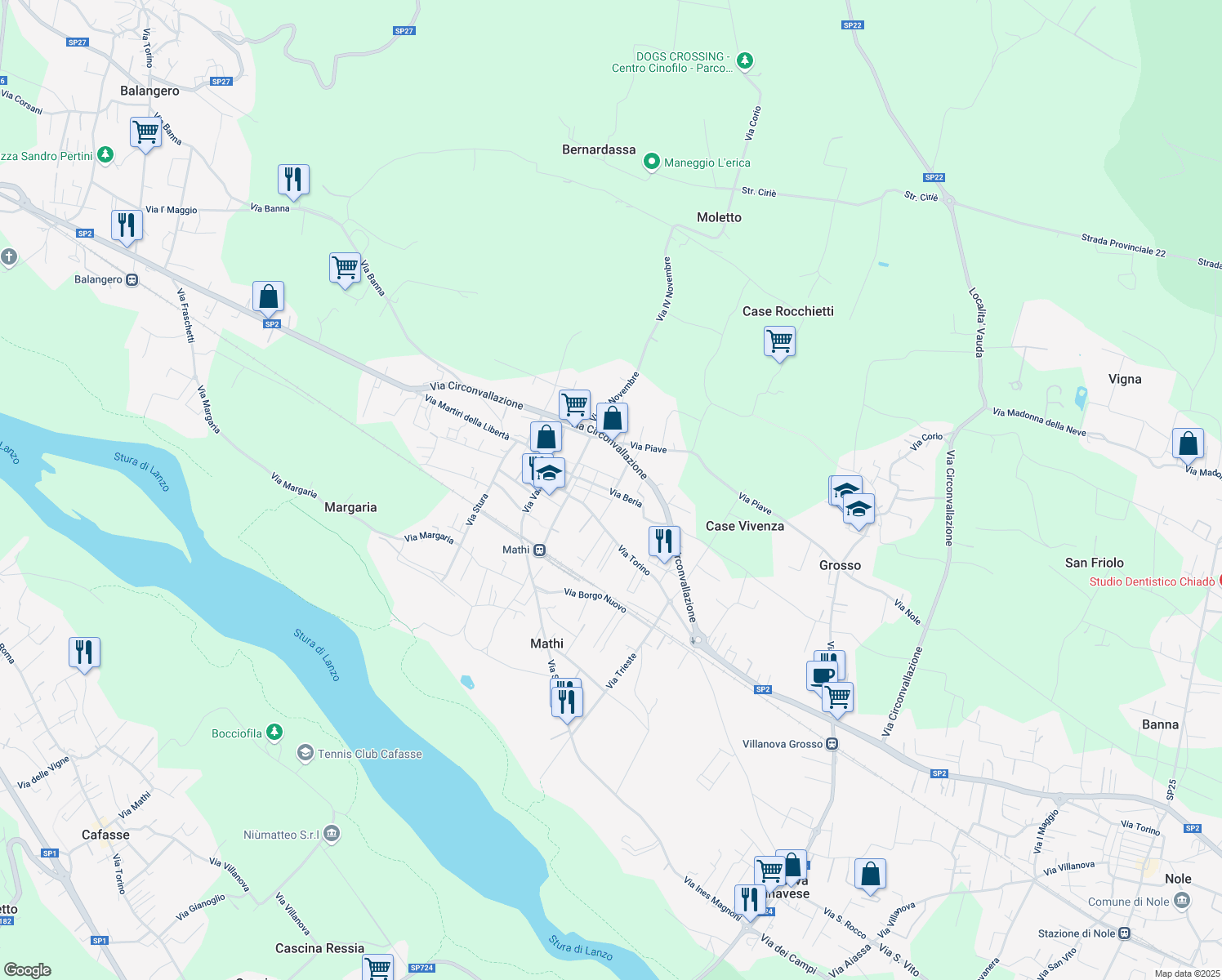 map of restaurants, bars, coffee shops, grocery stores, and more near 5 Via Grosso in Mathi