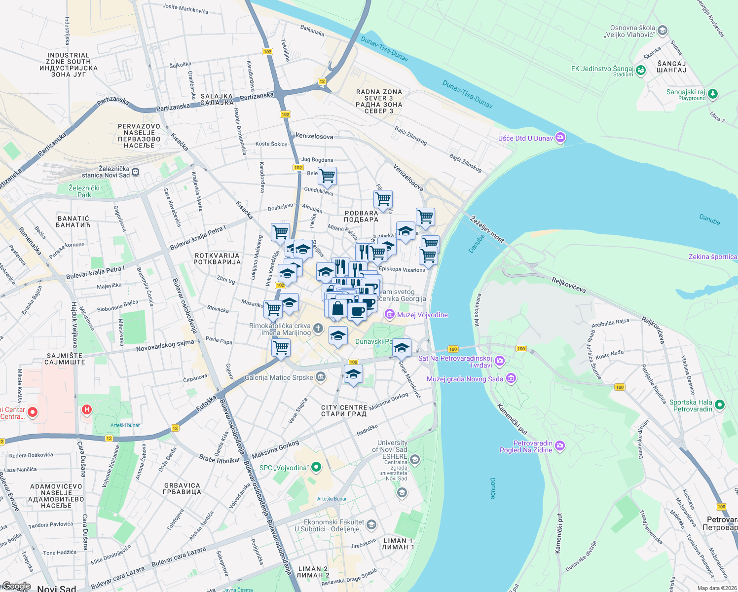 map of restaurants, bars, coffee shops, grocery stores, and more near Trg republike in Novi Sad
