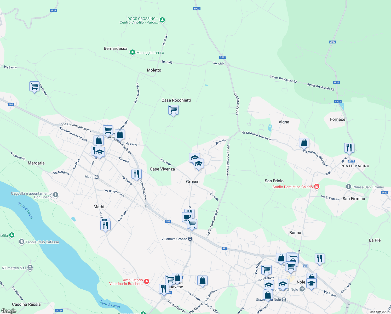 map of restaurants, bars, coffee shops, grocery stores, and more near 22 Via Cittadella in Grosso