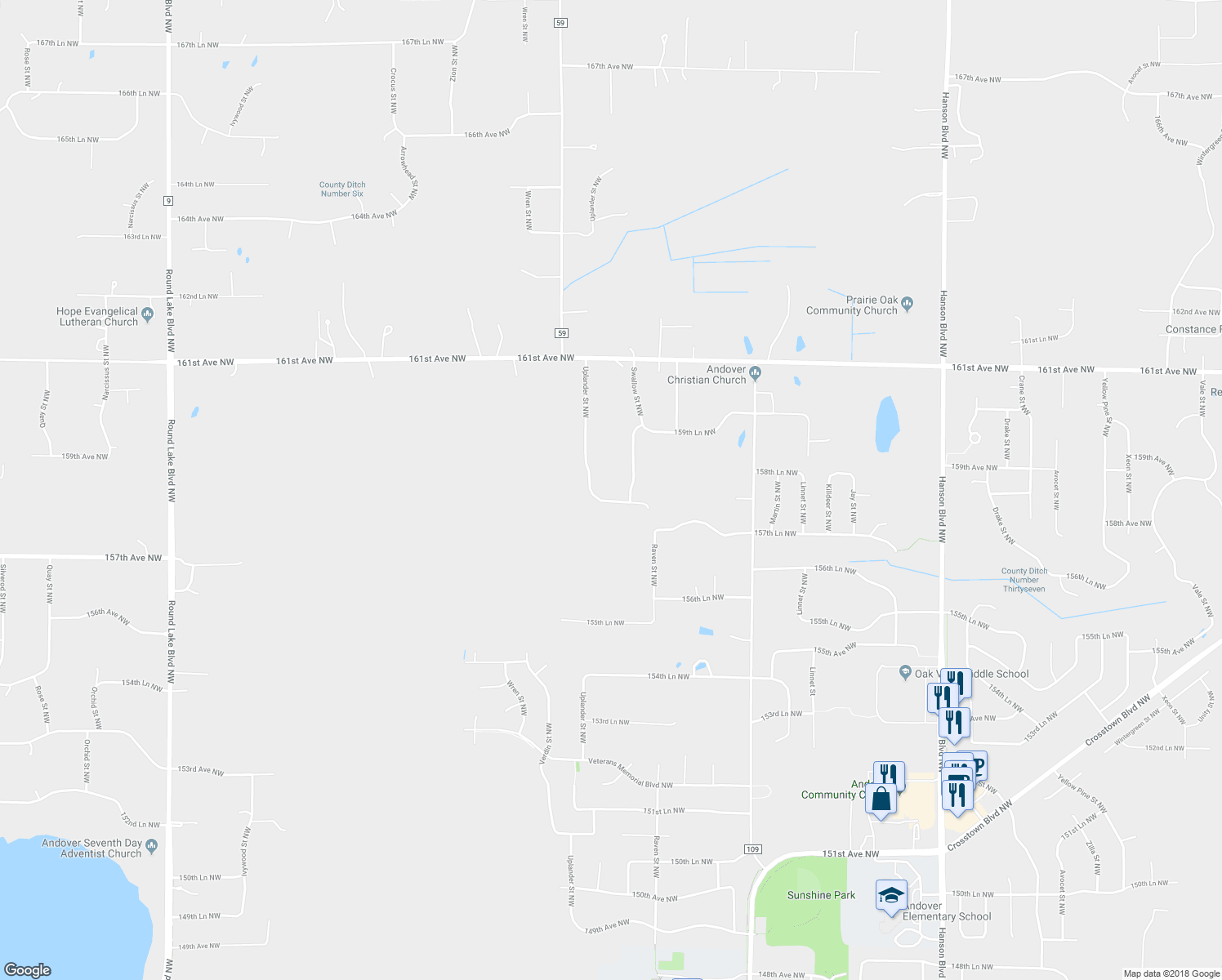 map of restaurants, bars, coffee shops, grocery stores, and more near 2297 158th Avenue Northwest in Andover