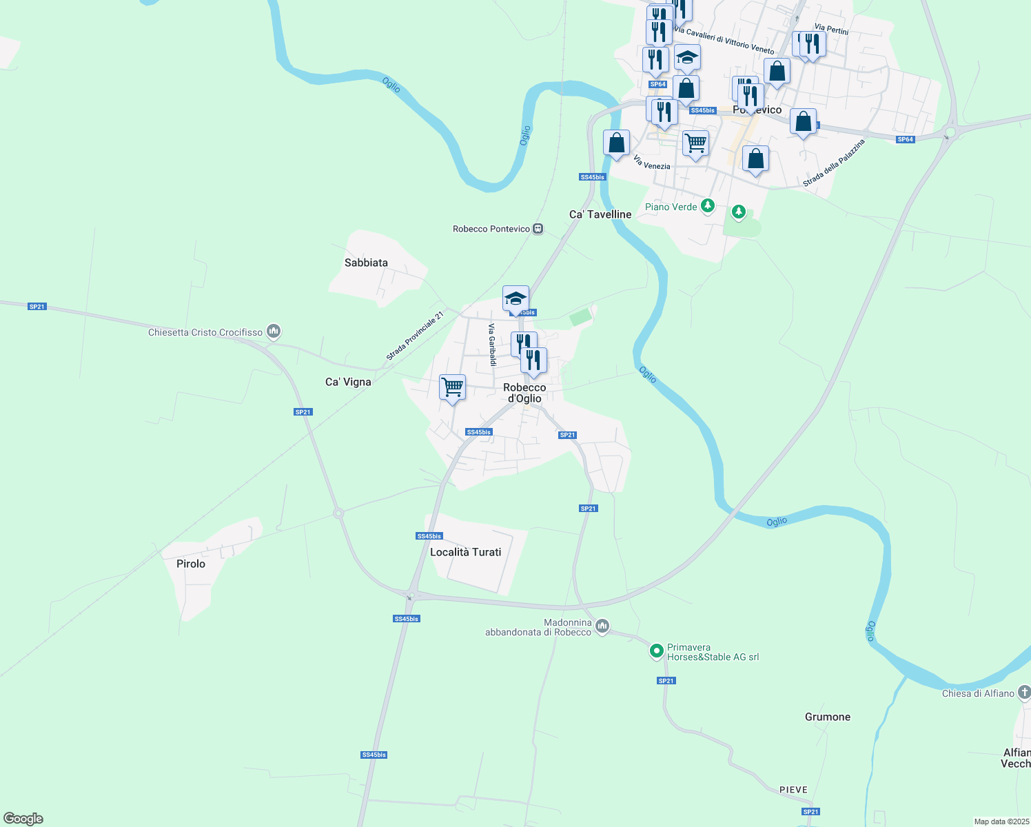 map of restaurants, bars, coffee shops, grocery stores, and more near 31 Via Cavour in Robecco D'oglio
