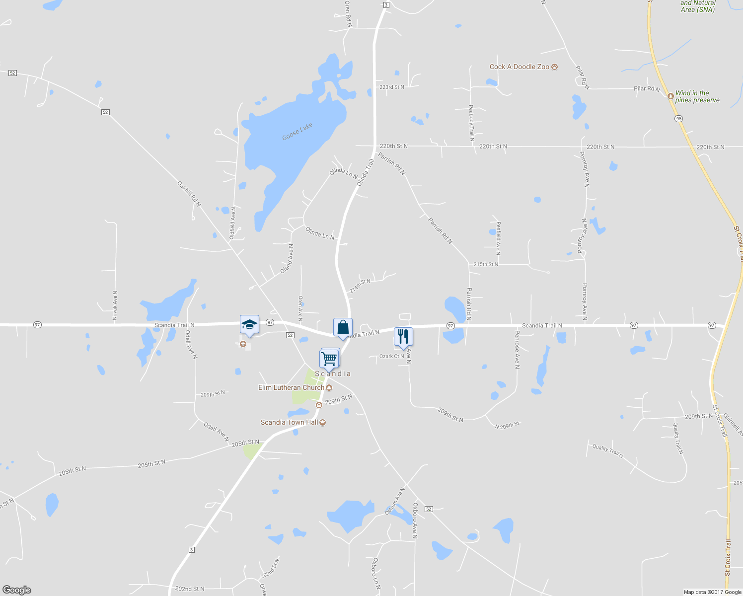 map of restaurants, bars, coffee shops, grocery stores, and more near 14909 214th Street North in Scandia