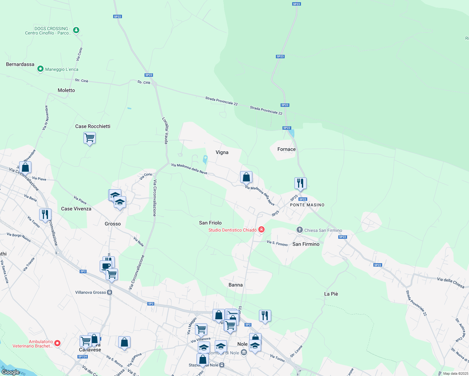 map of restaurants, bars, coffee shops, grocery stores, and more near 55 Via Madonna della Neve in Vauda