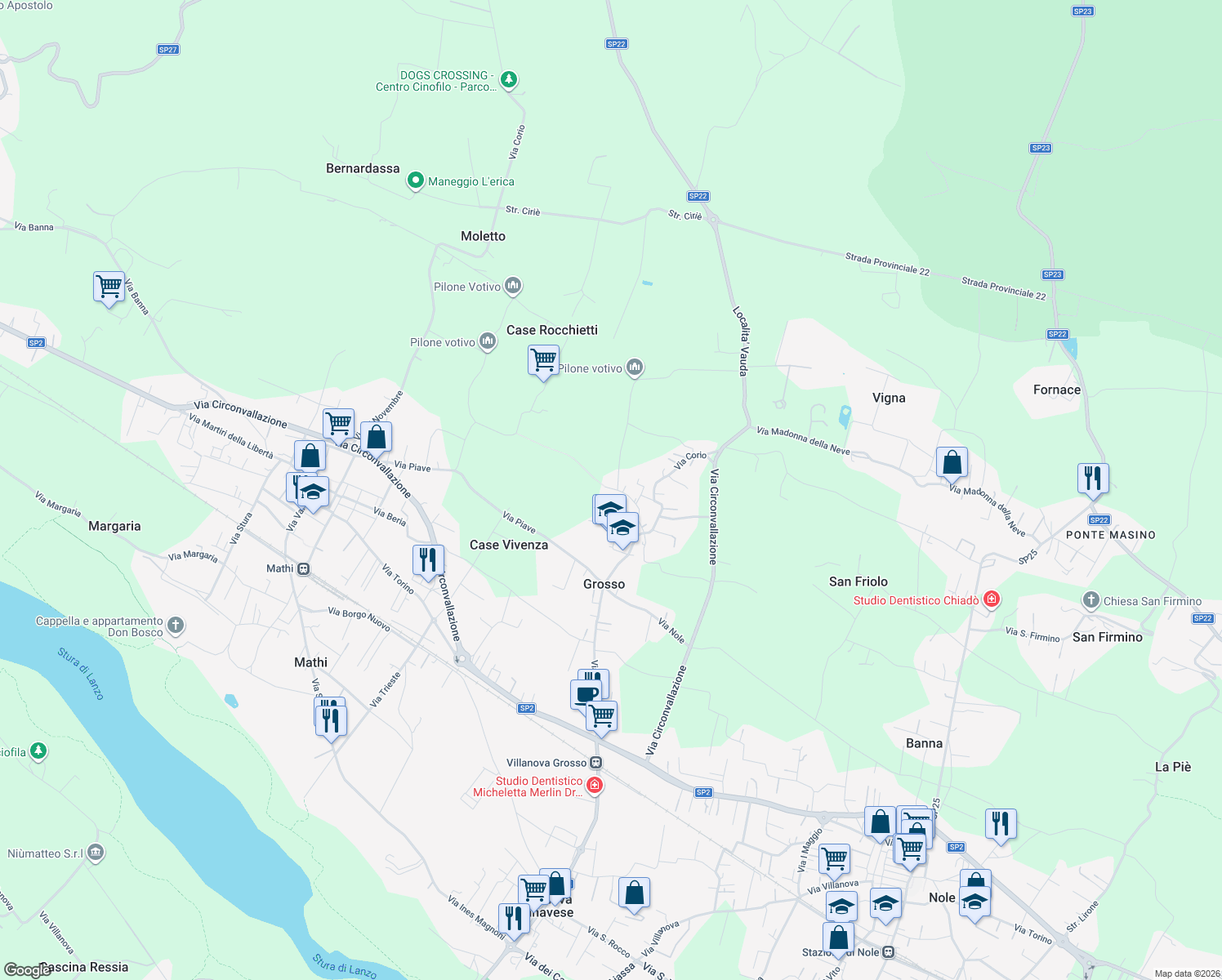 map of restaurants, bars, coffee shops, grocery stores, and more near 22 Via Cittadella in Grosso