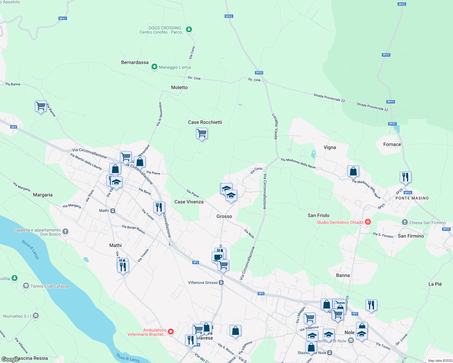 map of restaurants, bars, coffee shops, grocery stores, and more near 22 Via Cittadella in Grosso