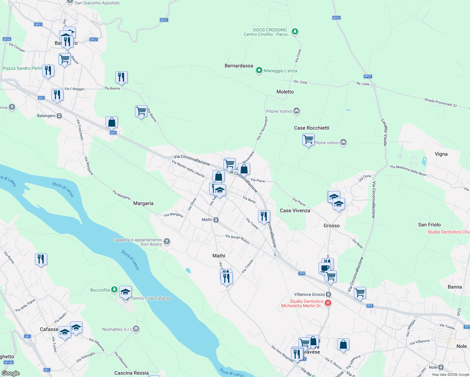 map of restaurants, bars, coffee shops, grocery stores, and more near 11 Via Nicola Marchis in Mathi